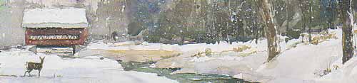  deer and barn in winter landscape; section of an illustration by Mark Bellerose 