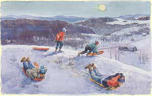  children sledding; illustration by Mark Bellerose 