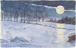  moonlight on snowy hill; illustration by Mark Bellerose 