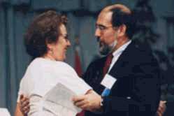 Moderator Denise Davidoff and President John Buehrens