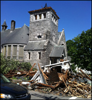 Damaged steeple in Monson, Mass. (© 2011 The Republican Company)