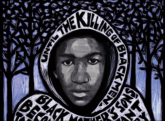 illustration of Trayvon Martin in a hoodie with the text of Ella Baker incorporated